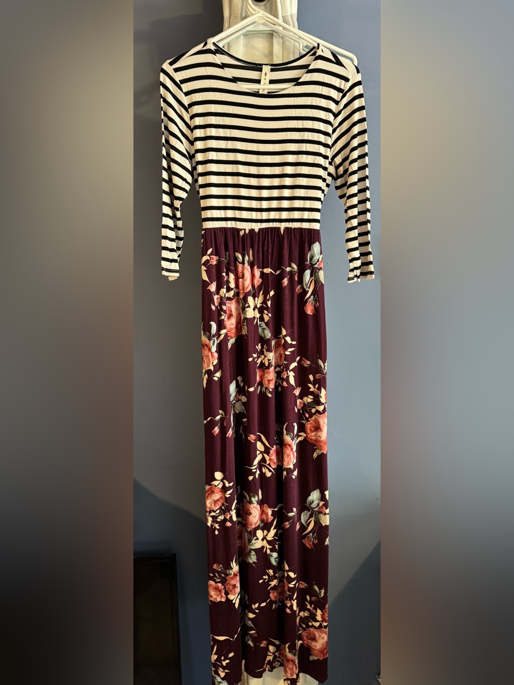 Vanilla Bay Black & White Striped Top Burgundy Floral Maxi Dress